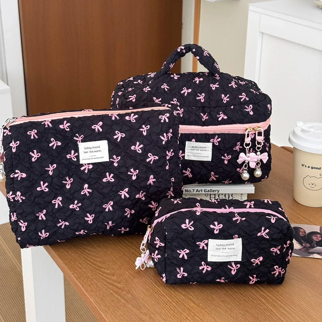 Fashion Pink Flower Women's Clutch Bag Sets Toiletry Makeup Tool Storage Pouch Quilting Cosmetics Organizers Handbag for Travel