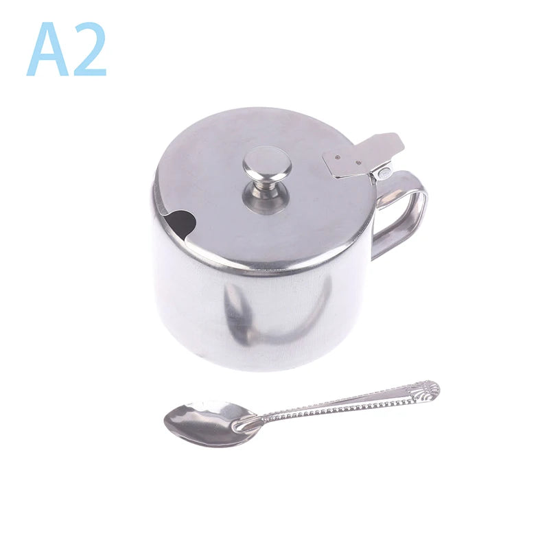 Practical Stainless Steel Sugar Bowl With Handle Lid Spoon Dustproof Waterproof Seasoning Jar Kitchen Restaurant Spice Container