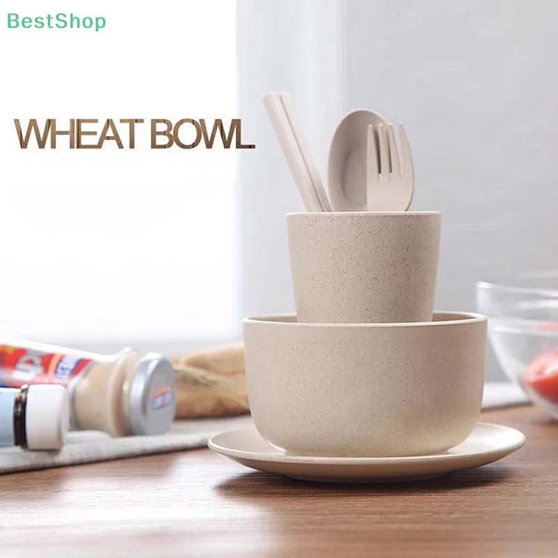 6 Pcs/Set Wheat Straw Baby Tableware Children Food Dishes Bowl Feeding Infant Learning Dinnerware Spoon Chopsticks Fork Cup New