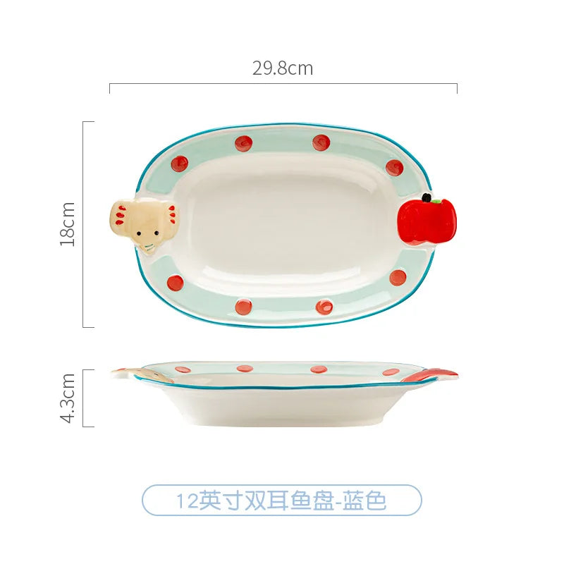 ‌Cute Apple Elephant Ramen Bowl-Microwave Safe Ceramic Tableware Set Cartoon Rice Noodle Dish Gift for New Home Pink Kitchenware
