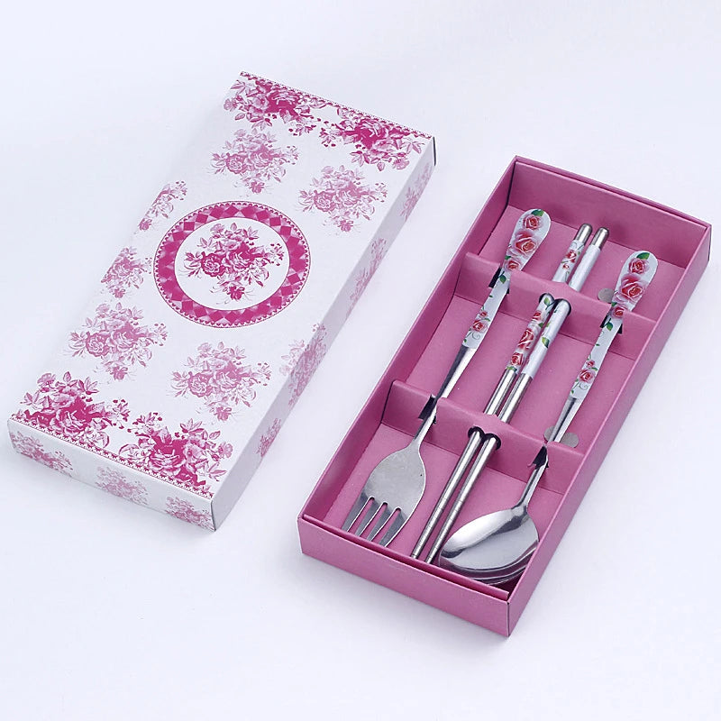 3PC Set of Blue and White Porcelain Tableware Stainless Steel Chopsticks Spoon Fork Gift Box Portable Travel Tableware Set