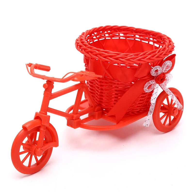 1Pc Rattan Bicycle Flower Basket Vase Storage Three-wheel Cute Flower Pot Ornament