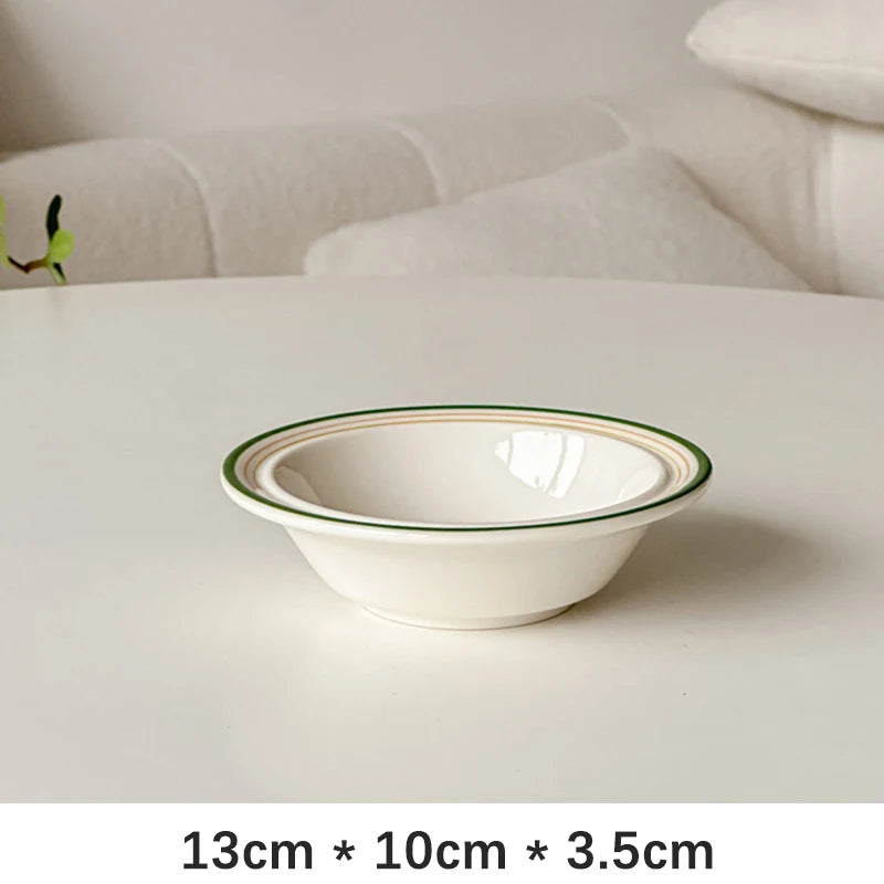 Korean Style Ins Ceramic Bowl Vintage Line Round Porcelain Tableware Breakfast Yogurt Milk Oats Lunch Rice Bowls Personal Items