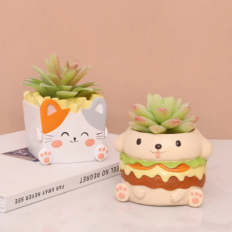 Burger and Fries Series Animals Planters Decorative Flower Pots for Succulents Plants Container Pencil Holder Home Garden Decor