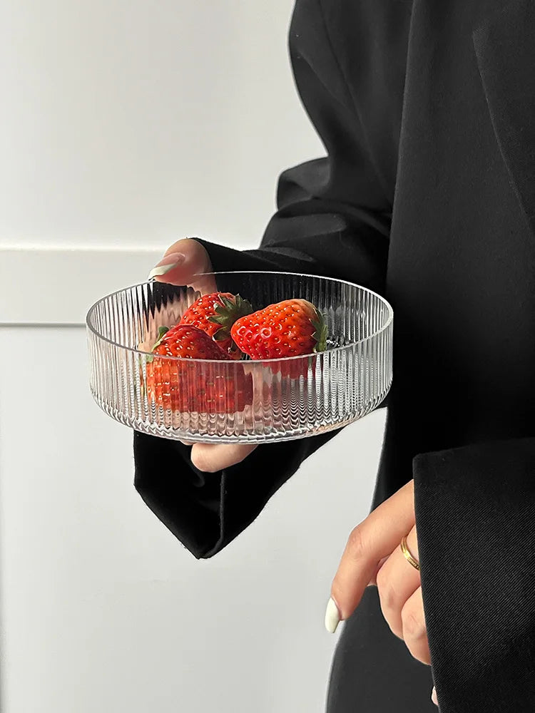 Simple European Striped Glass Salad Bowl Dessert Bowl Household Fruit Ice Cream Bowl Transparency Tableware