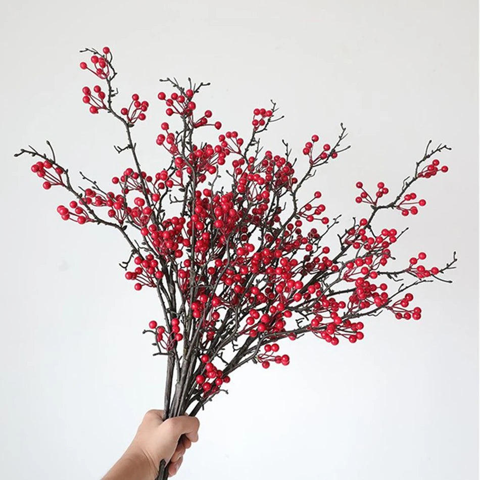 1pc Artificial plants Ilex Little Red Fruits NewYear Home Vase table Garden bonsai holiday Party Wall Wedding Decor DIY Gift Box