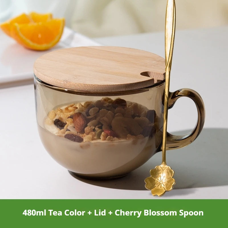 480ml Transparent Creative Glass Coffee Tea Mug Drinks Dessert Breakfast Milk Cup Glass Mugs Handle Drinkware With Cup Lid Spoon