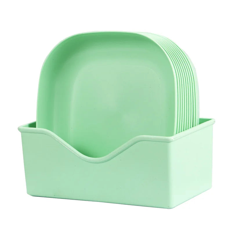 10 Square Dinner Plates with 1 Holder Food Plate Set Snacks Dessert Plastic Candy Cookie Storage Tray Straw Bone Spitting Plate