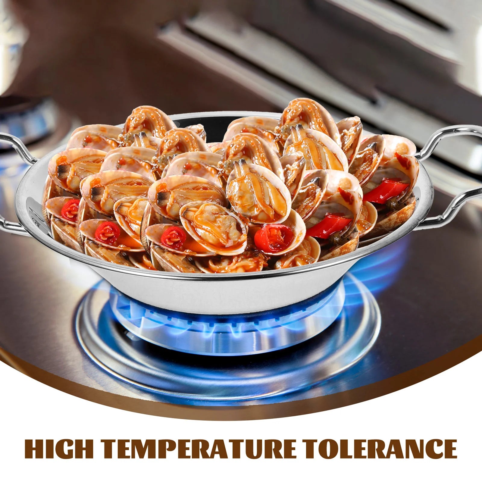 Dry Pot Double Handle Stainless Steel Wok Round Cooking Pan For Home Kitchen Hot Pot Seafood Vegetable Multi-Function