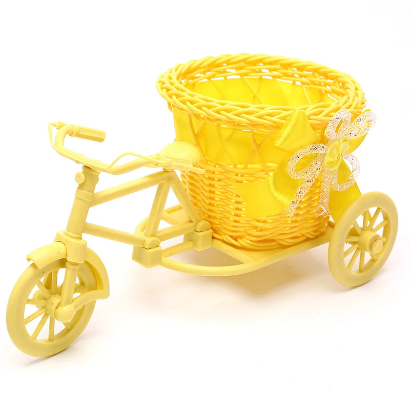 1Pc Rattan Bicycle Flower Basket Vase Storage Three-wheel Cute Flower Pot Ornament