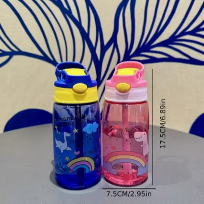 480ML Cute Water Bottle Durable 500ml Portable Water Bottle with Straw and Handle BPA-Free PC Material, Leak-Proof Sealable Lid