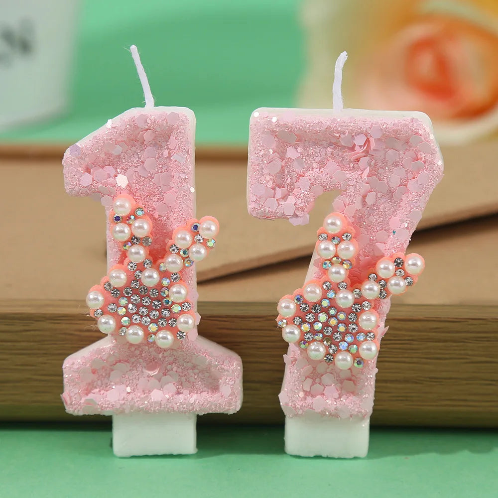 Pearl Hot Diamond Rabbit Ear Cake Candle Creative Handmade DIY Pink Girl Heart Digital Candle Party Wedding Atmosphere Decor