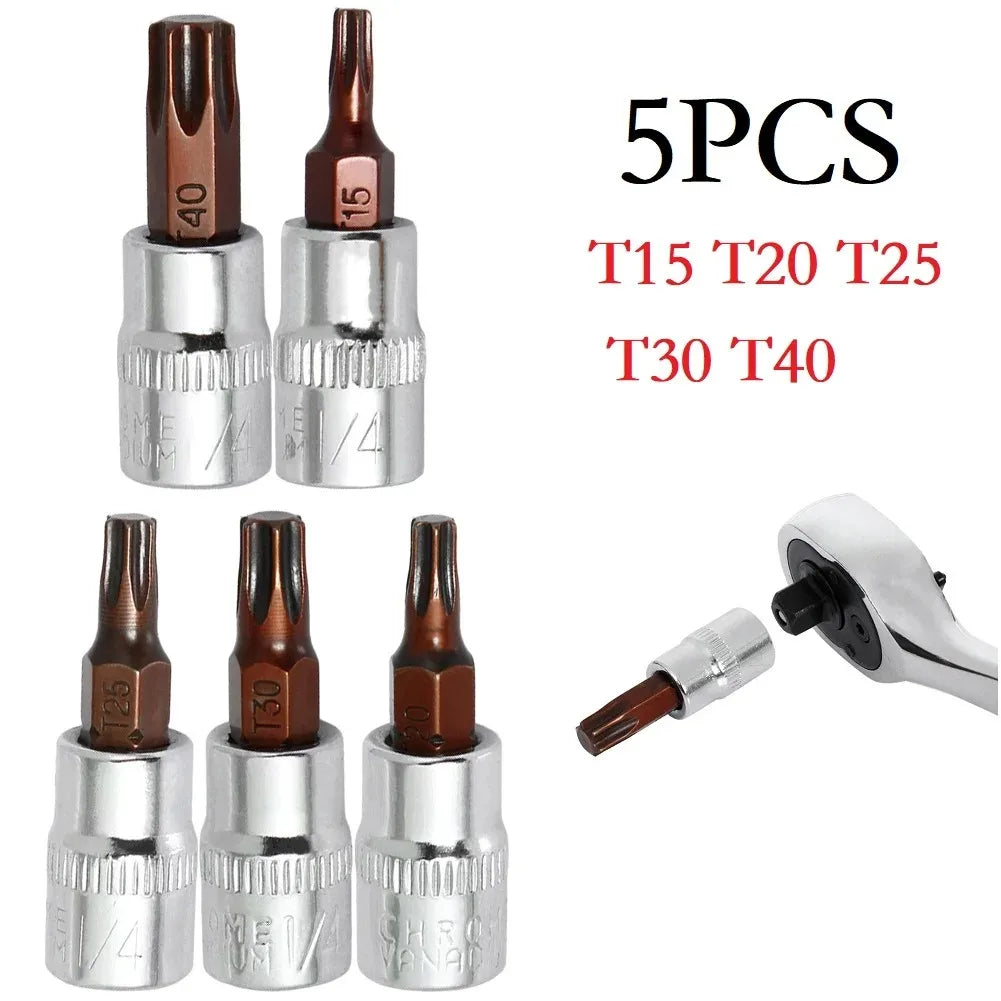 5 Pcs Torx Screwdriver Bits 1/4 Inch Drive Socket Head Tools T15 T20 T25 T30 T40 Socket Wrench Adapter Hand Tools