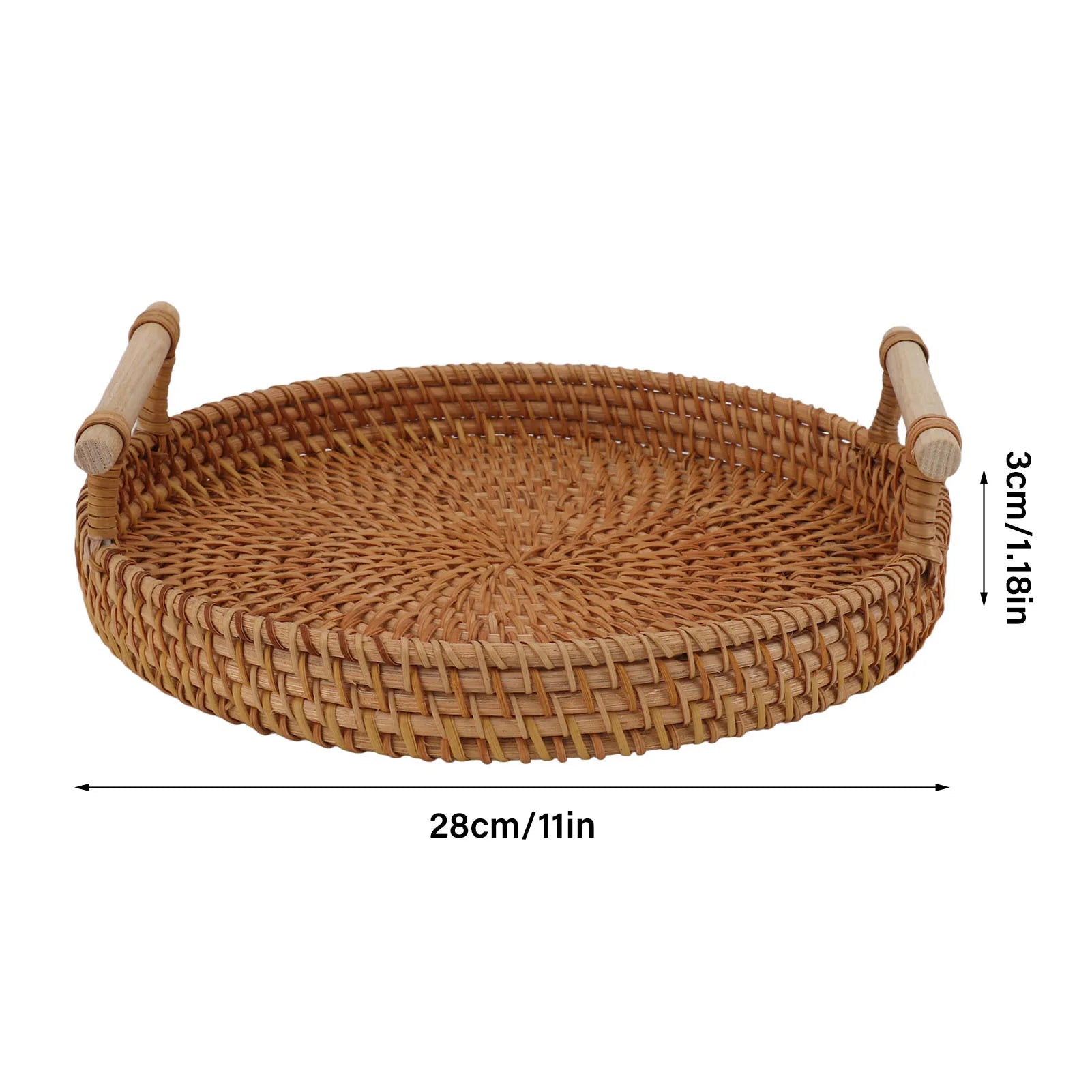 Coffee Table Decorative Tray Traditional Design Round Serving Tray with Solid Wood Handle Hand Woven Large Capacity for Home