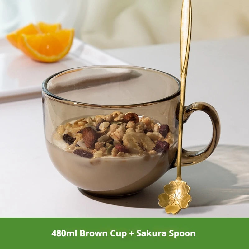 480ml Transparent Creative Glass Coffee Tea Mug Drinks Dessert Breakfast Milk Cup Glass Mugs Handle Drinkware With Cup Lid Spoon