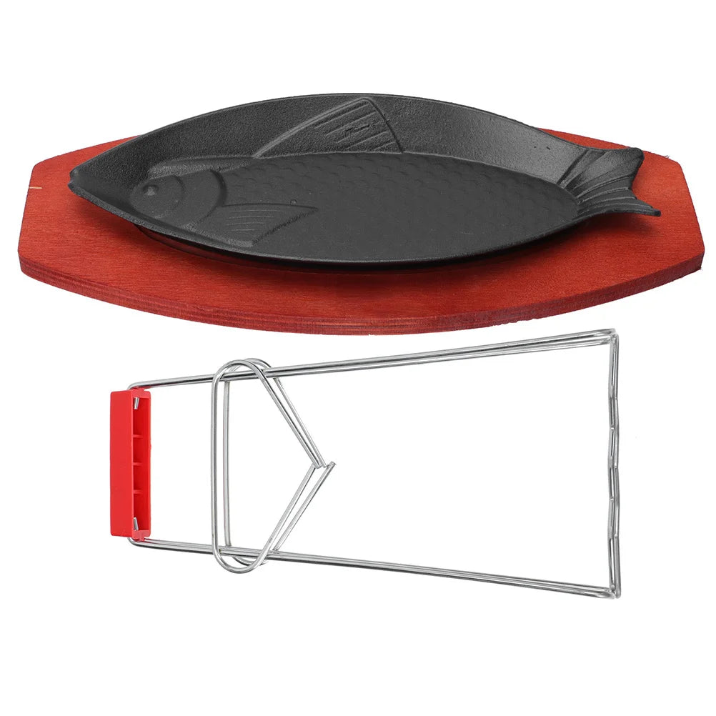 1Set Fish Shaped Grilled Pan High Grade Iron Wood Steak Plate Western Food Serving Tray Hotel Baking Tray Grill Pan Non-Stick