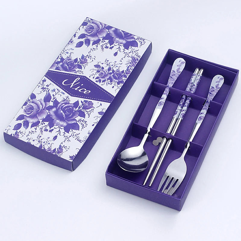 3PC Set of Blue and White Porcelain Tableware Stainless Steel Chopsticks Spoon Fork Gift Box Portable Travel Tableware Set