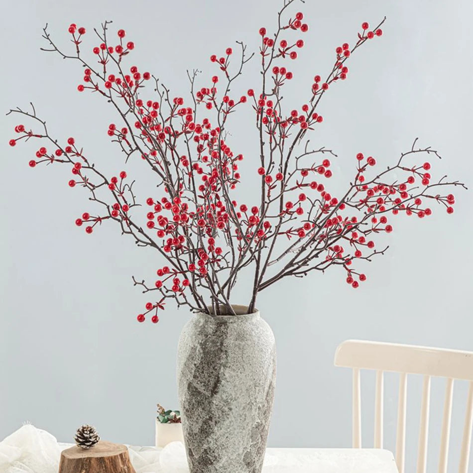 1pc Artificial plants Ilex Little Red Fruits NewYear Home Vase table Garden bonsai holiday Party Wall Wedding Decor DIY Gift Box