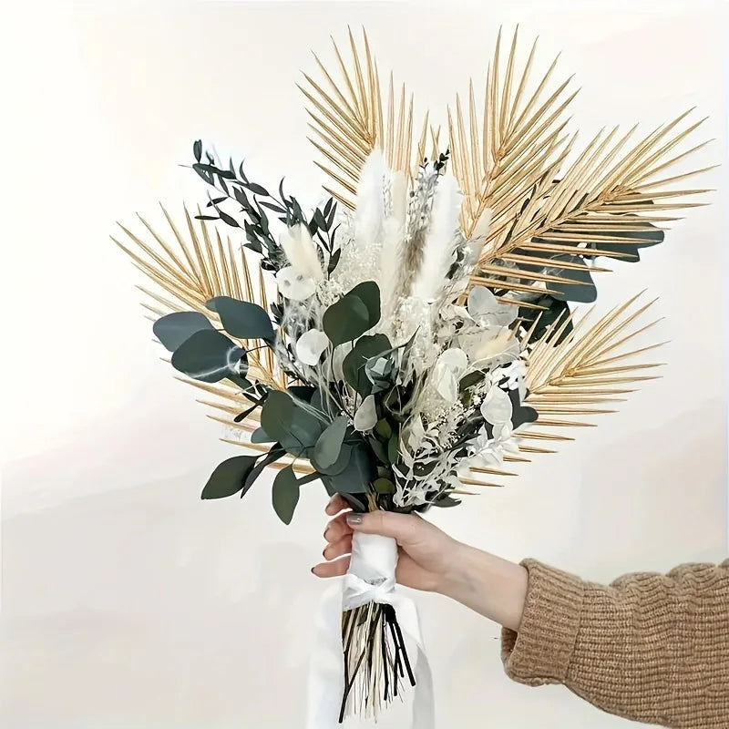 5pcs Golden Artificial Palm Leaves Fake Tropical Plants Faux Flowers For Indoor Outdoor Home DIY Vase Filler Wedding Party Deco