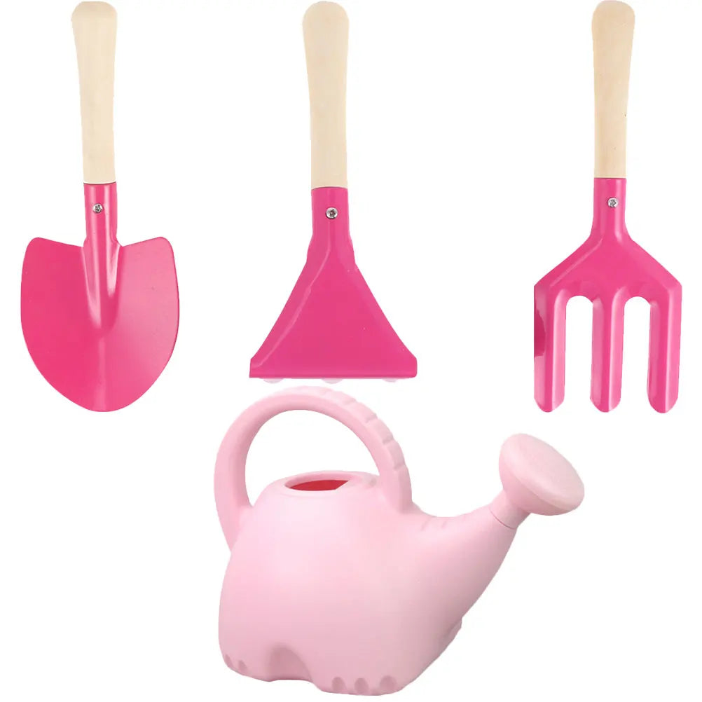 Children Gardening Tools Kids Watering Can Shovel Wooden Handle Safe Cartoon Design Planting Garden Tool Set