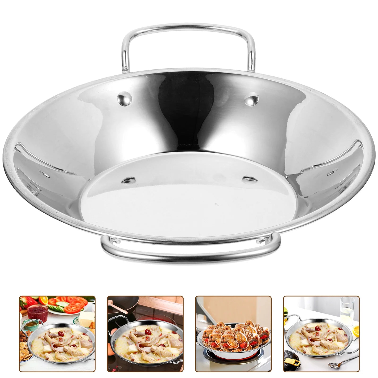 Dry Pot Double Handle Stainless Steel Wok Round Cooking Pan For Home Kitchen Hot Pot Seafood Vegetable Multi-Function