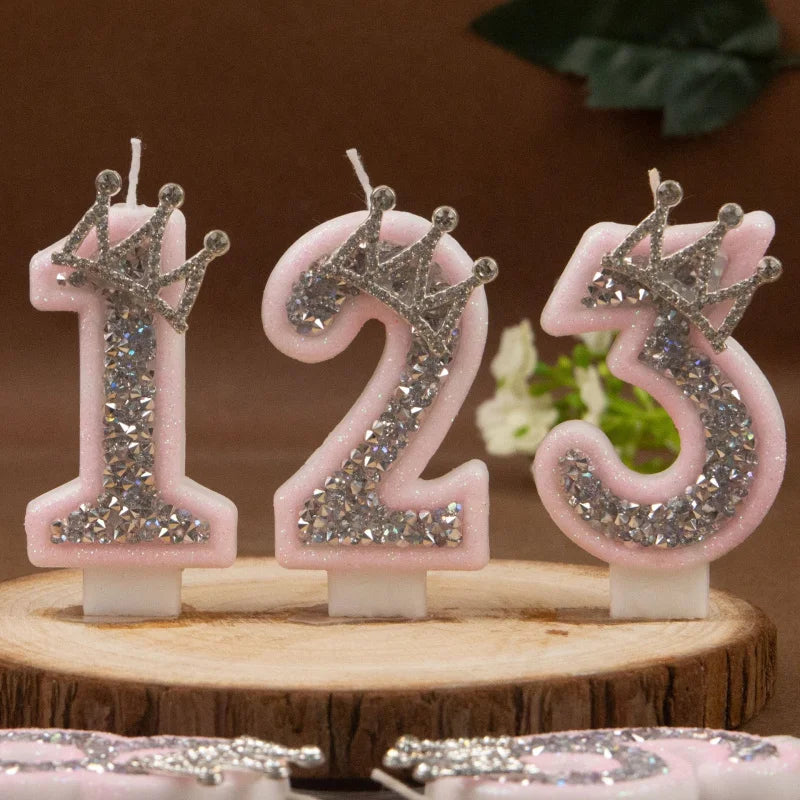 Digital Candles 0-9 Pink Silver Rhinestone Crown Creative Cake Decorative Birthday Candles