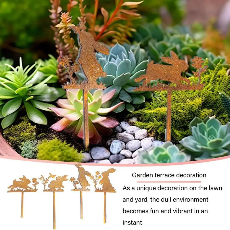 Iron Art Rabbit Garden Stakes Easter Rabbit Silhouette Set Outdoor Garden Backyard Decor Rabbit Figurine Flower Pot Grass Plugin