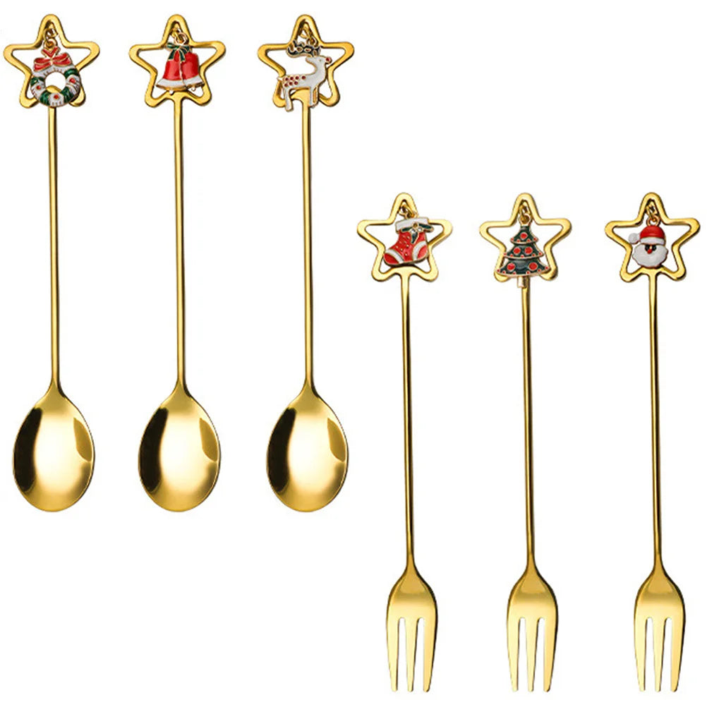 1Set Stainless Steel Christmas Spoon Fork Set Coffee Dessert Cutlery Multipurpose Metal Spoon Fork Christmas Dinnerware