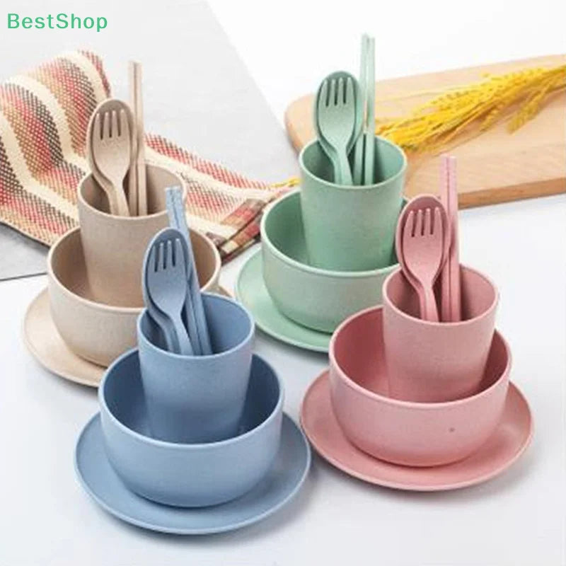 6 Pcs/Set Wheat Straw Baby Tableware Children Food Dishes Bowl Feeding Infant Learning Dinnerware Spoon Chopsticks Fork Cup New