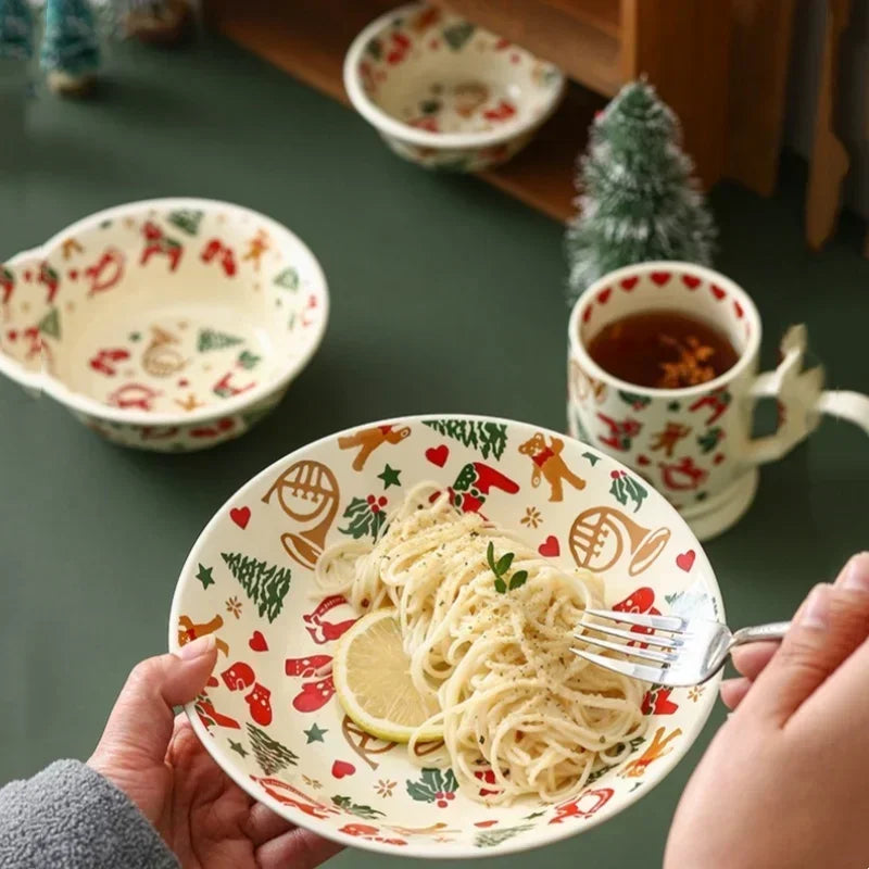 Christmas Ceramic Tableware Retro Bowls Plates Water Cup Breakfast Dessert Noodle Bowls Coffee Milk Cup Microwaveable Xmas Gift