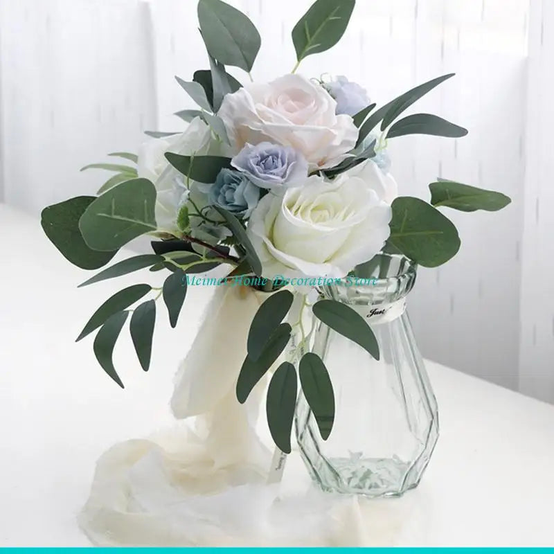 H7BF Artificial Flower Bouquet White Blue Simulation Silk Floral Fake Flowers for Wedding Party Bride Handheld Photography Props