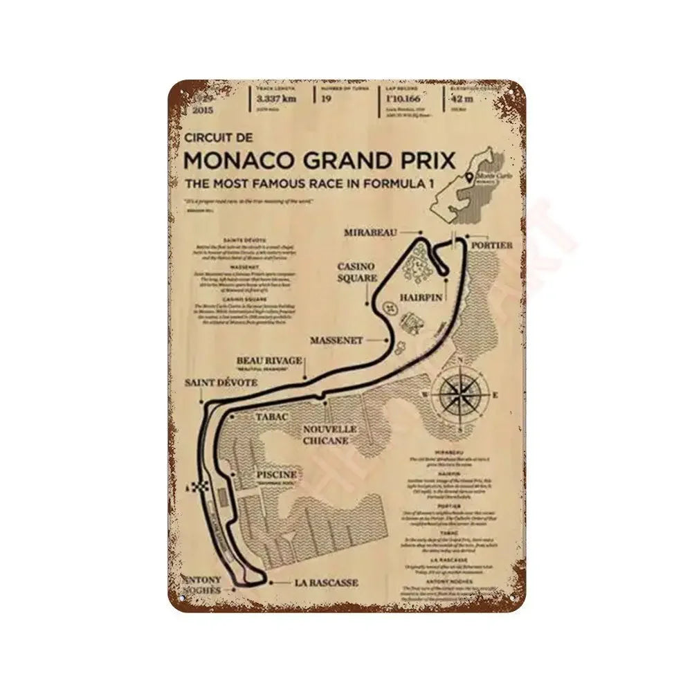 Vintage F1 Formula Racer Poster Metal Tin Sign Plaque Aesthetics Racing Monaco Grand Prix Circuit Track Wall Art Home Room Decor