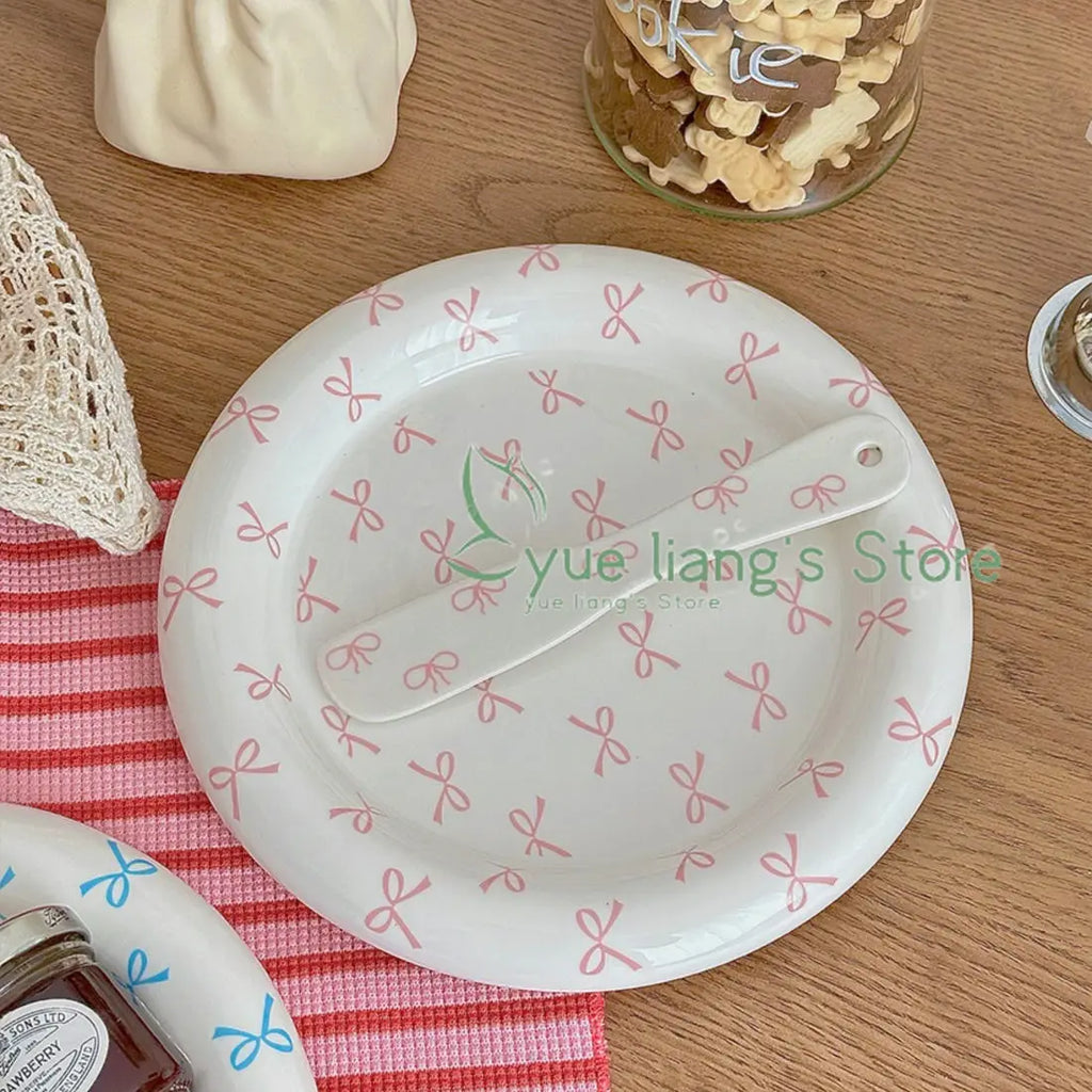 Korean Girl Heart Bow Dinner Plate，Pink Dessert Plate Breakfast Plate ，Salad Plate， Exquisite Afternoon Tea Dish