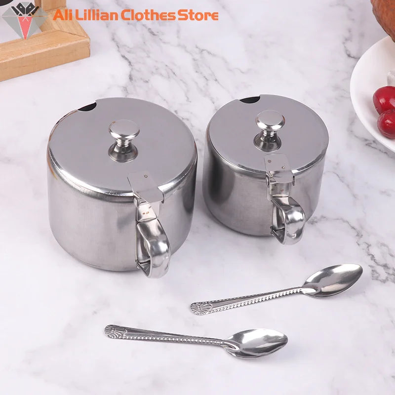 Practical Stainless Steel Sugar Bowl With Handle Lid Spoon Dustproof Waterproof Seasoning Jar Kitchen Restaurant Spice Container