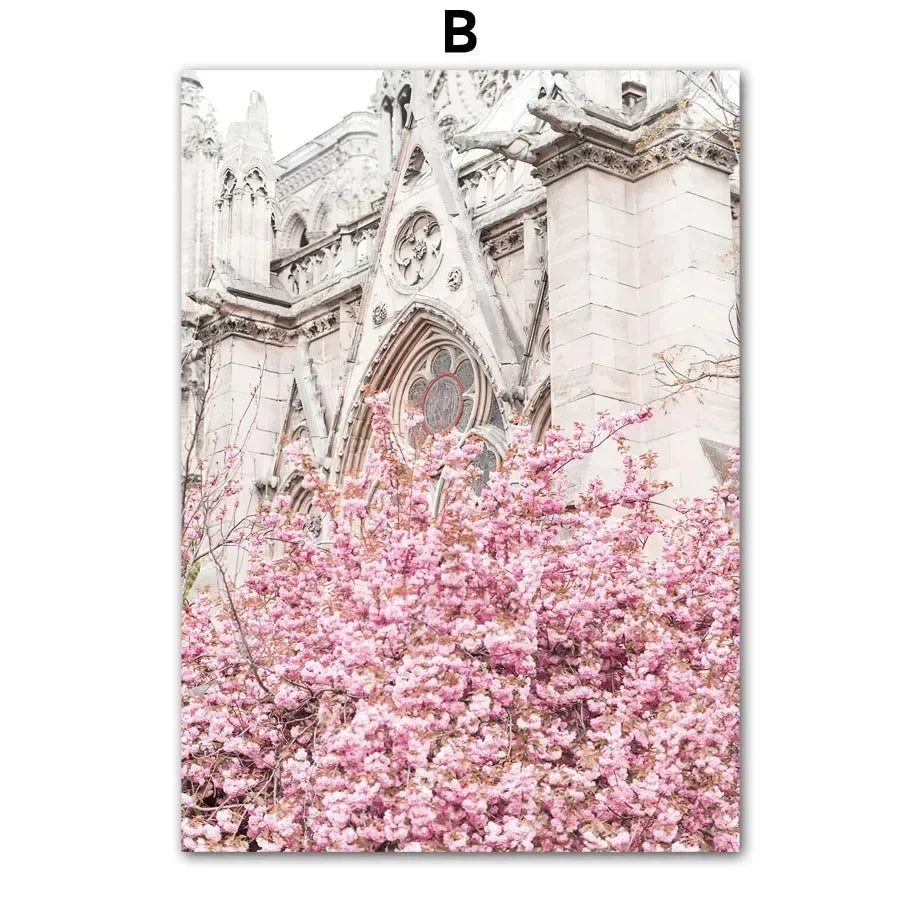 Pink Sakura Spring Paris City Landscape Rose Peony Canvas Paintings Poster Wall Art Pictures for Living Room Bedroom Home Decor