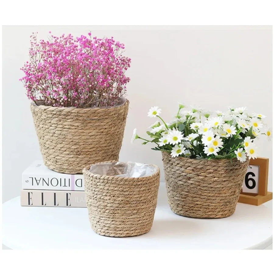 Woven Grass Flower Plant Pot Basket Planter Basket Indoor Outdoor Flower Pot Garden Decorative Flower Plants Basket Storage Use