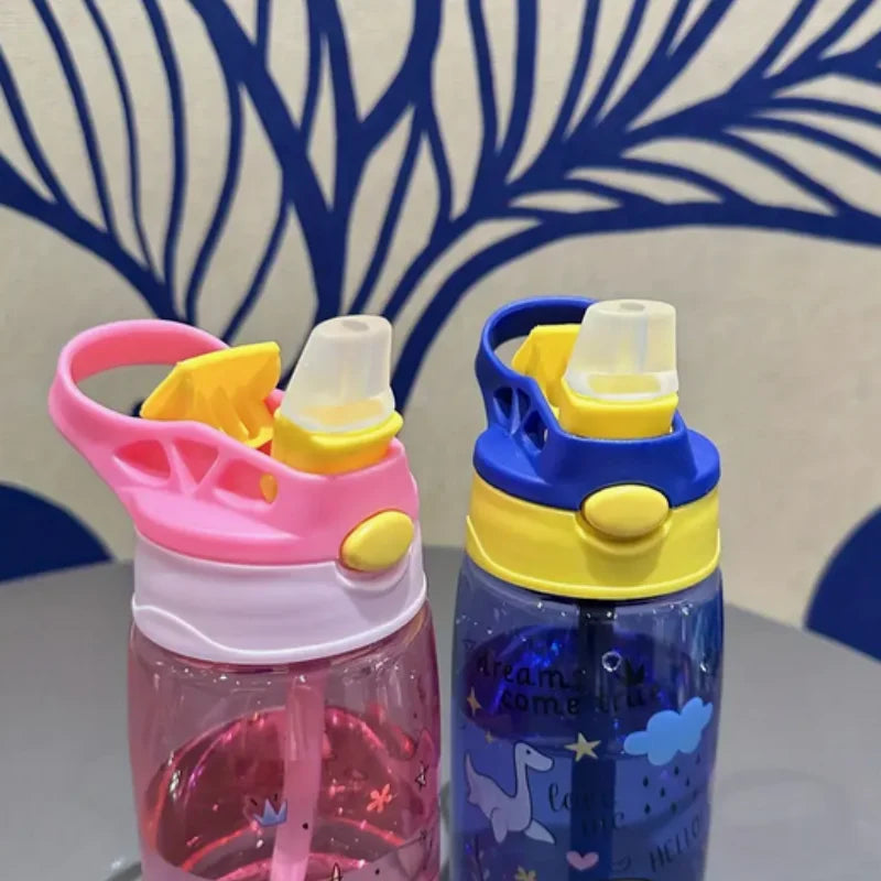 480ML Cute Water Bottle Durable 500ml Portable Water Bottle with Straw and Handle BPA-Free PC Material, Leak-Proof Sealable Lid