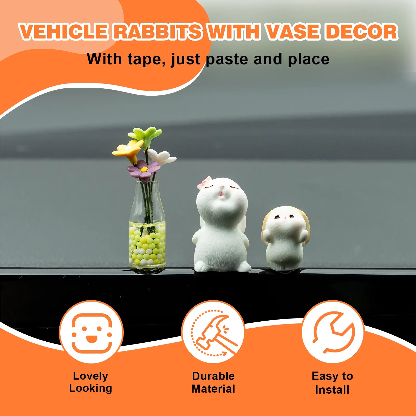 Cute Mini Bunny and Daisy Flower Vase Car Ornaments Funny Dashboard Decorations Kawaii Car Interior Accessories for Women Gifts