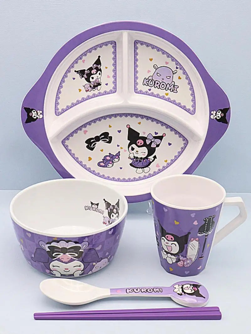 Cute Cartoon Sanrios Kuromi Tableware Bowl Plate Cup Chopsticks Spoon A Set Fashion Imitation Porcelain Tableware Good-Looking
