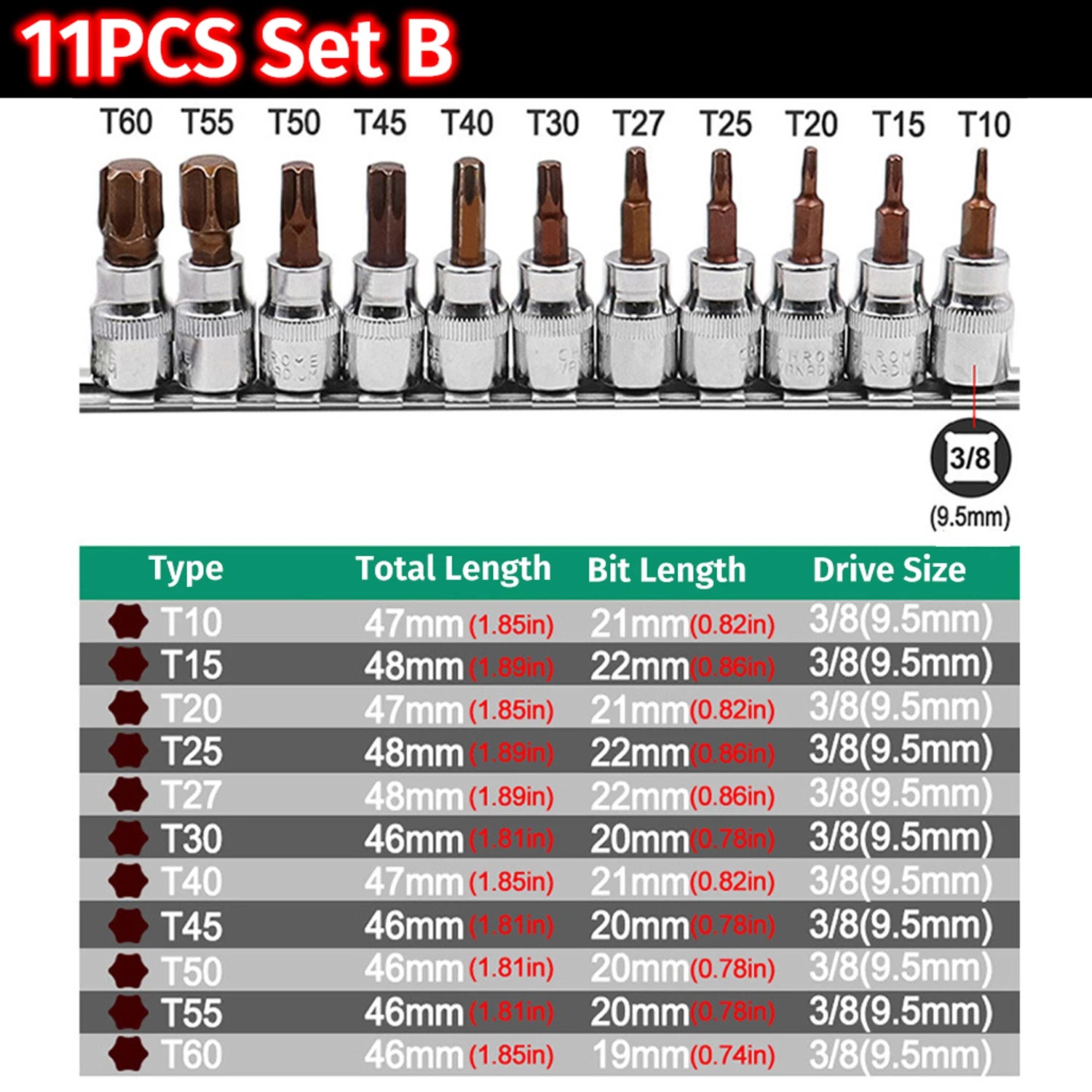 Torx Hex Screwdriver Bits Set 1/4 3/8 Inch Impact Drive Socket T10-T60 H2.5-H14