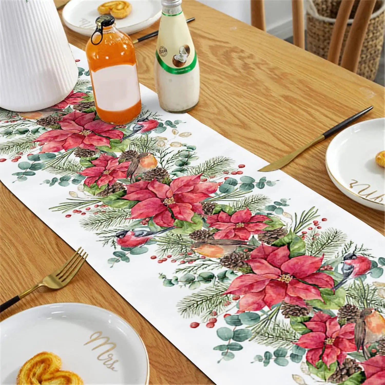 Christmas Red Flower Berry Winter Plants Linen Table Runners Wedding Decoration Washable Kitchen Dining Table Runners Decoration