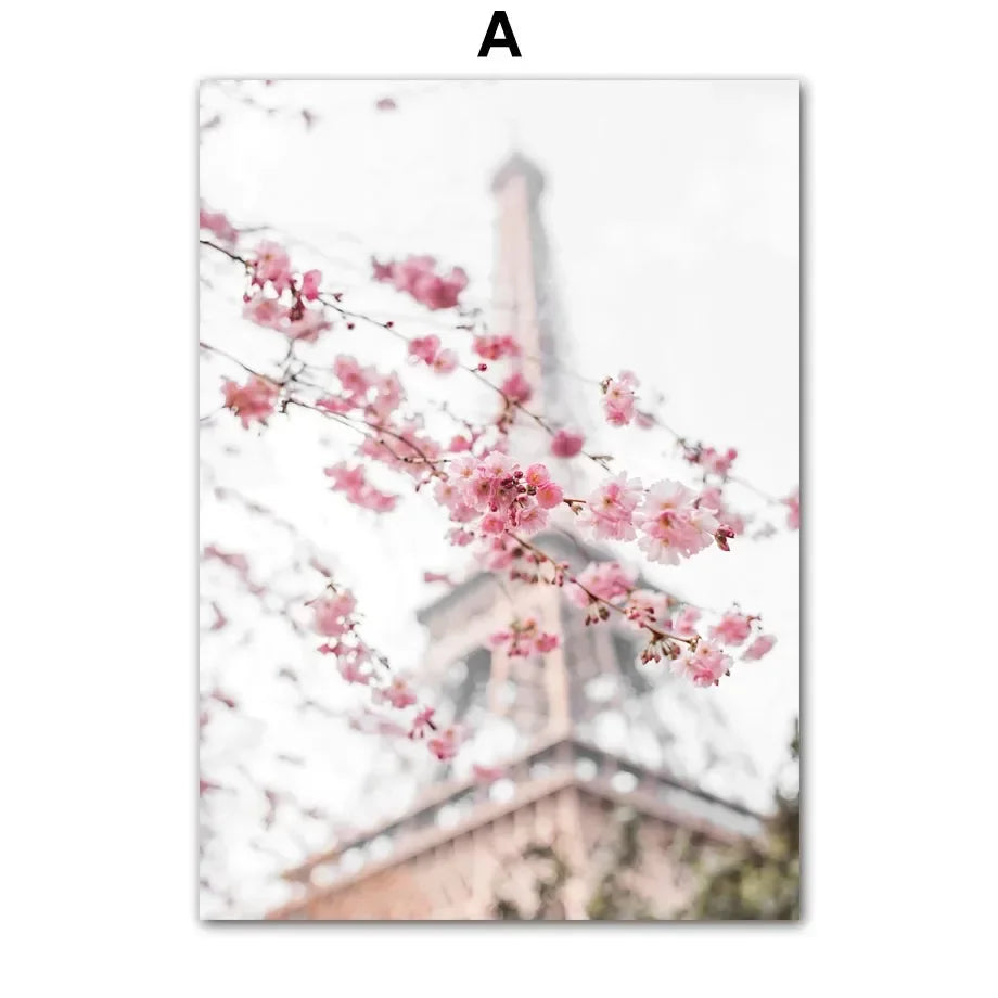 Pink Sakura Spring Paris City Landscape Rose Peony Canvas Paintings Poster Wall Art Pictures for Living Room Bedroom Home Decor