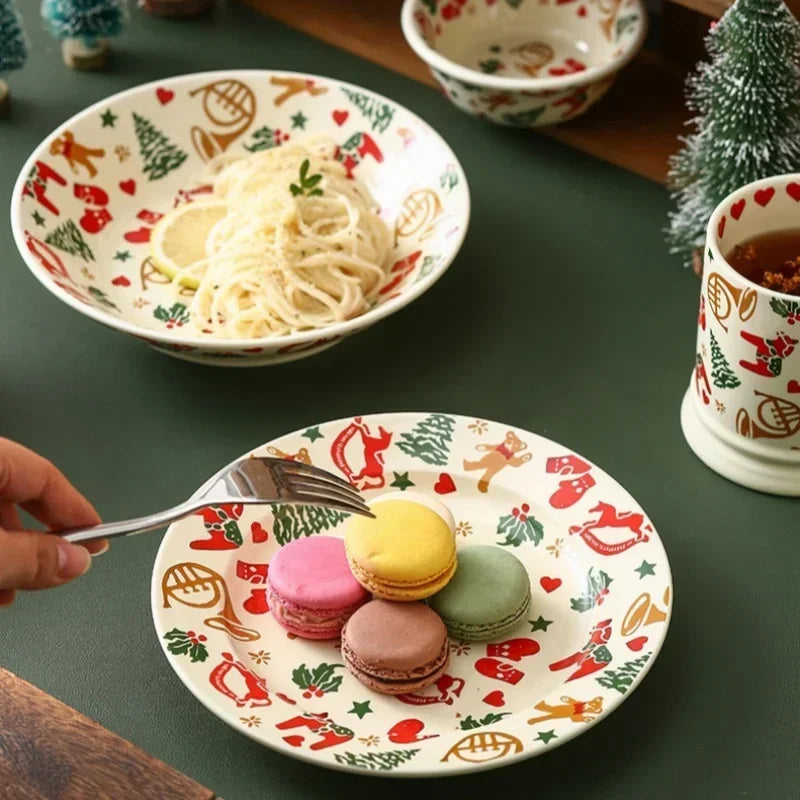 Christmas Ceramic Tableware Retro Bowls Plates Water Cup Breakfast Dessert Noodle Bowls Coffee Milk Cup Microwaveable Xmas Gift