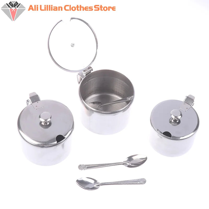 Practical Stainless Steel Sugar Bowl With Handle Lid Spoon Dustproof Waterproof Seasoning Jar Kitchen Restaurant Spice Container