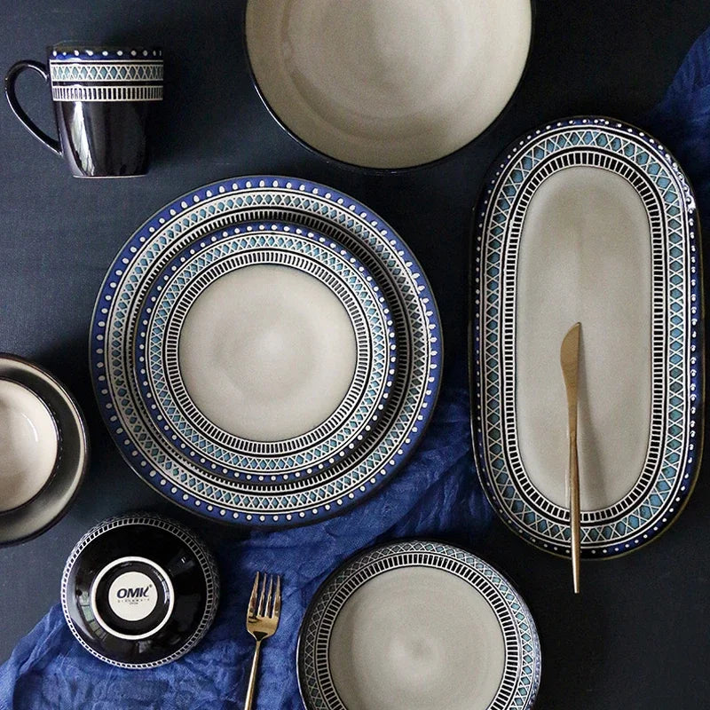 Moroccan Ceramic Tableware Set Bohemian plate set dinnerware Porcelain Round Bowl Oval Plate and mug