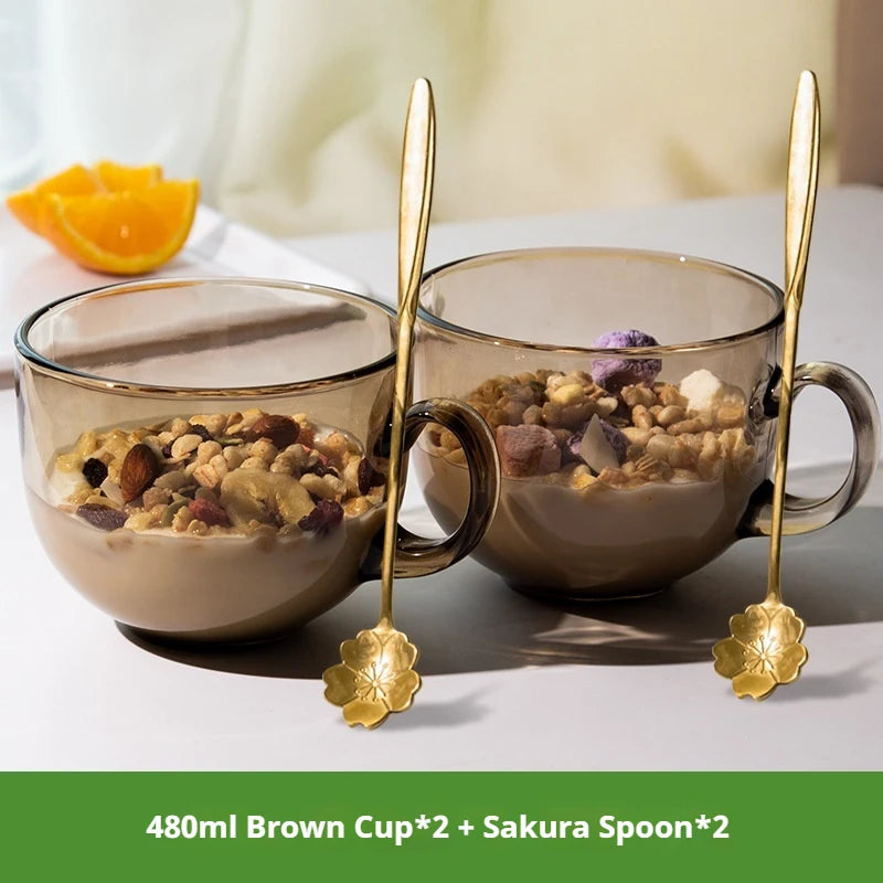 480ml Transparent Creative Glass Coffee Tea Mug Drinks Dessert Breakfast Milk Cup Glass Mugs Handle Drinkware With Cup Lid Spoon