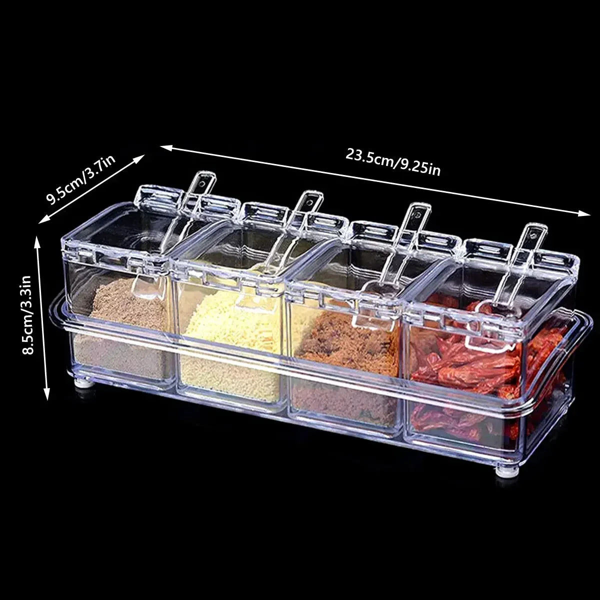 Clear Seasoning Box, Set of 4 Crystal Seasoning Storage Container with Spoon Clear Seasoning Rack Spice Pots for Pepper Spice