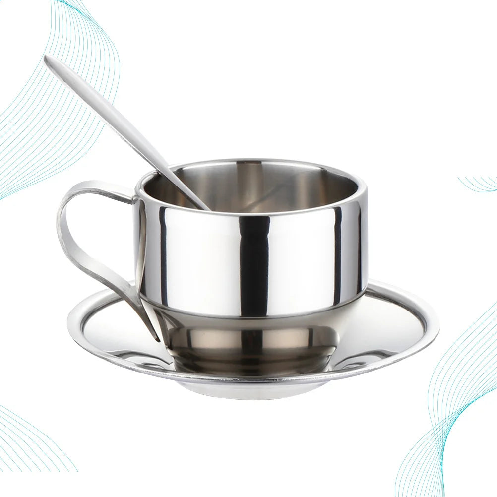 3Pcs Stainless Steel Tea Cup Coffee Cup Set Plate Spoon Ergonomic Handle Safe Material Perfect for Daily Coffee Tea