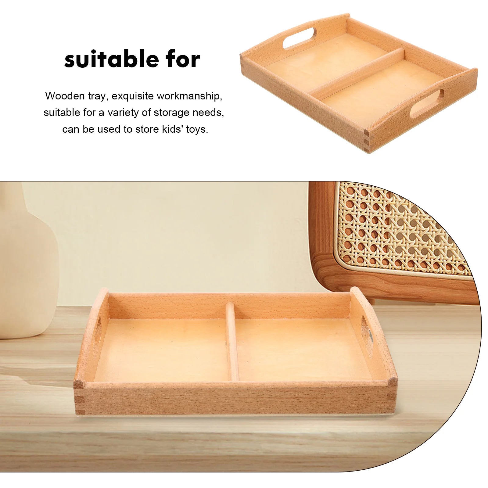 Two Handles Montessori Wooden Trays Storage Tray Toddler Breakfast Serving Wood Tray Sand Art Craft Bowls Plates Trays Baskets