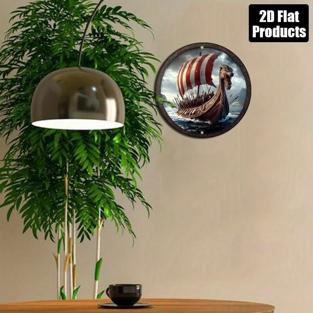2D Flat - Viking Ship with Dragon Head 2D Aluminum Wall Art - 20.32x20.32 cm Round Decorative Sign, High-Definition Vintage Them